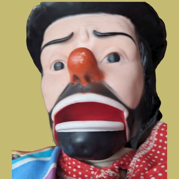 Vintage 1990s Emmett Kelly Hobo Clown 30" Ventriloquist Dummy in Rainbow Jacket - Picture 4 of 5